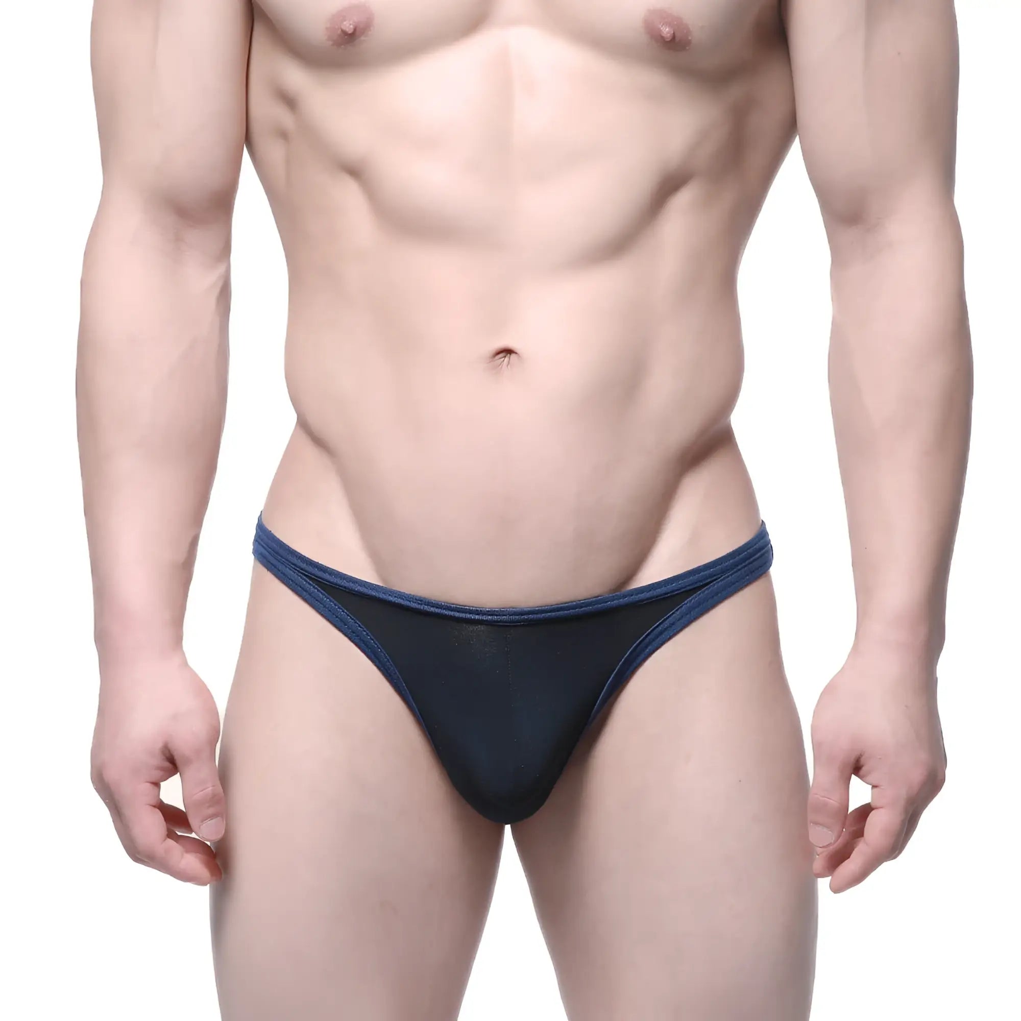 NavymaleWear infinito bikini black 6017-20 navy blue mesh thong with solid navy trim showing front view