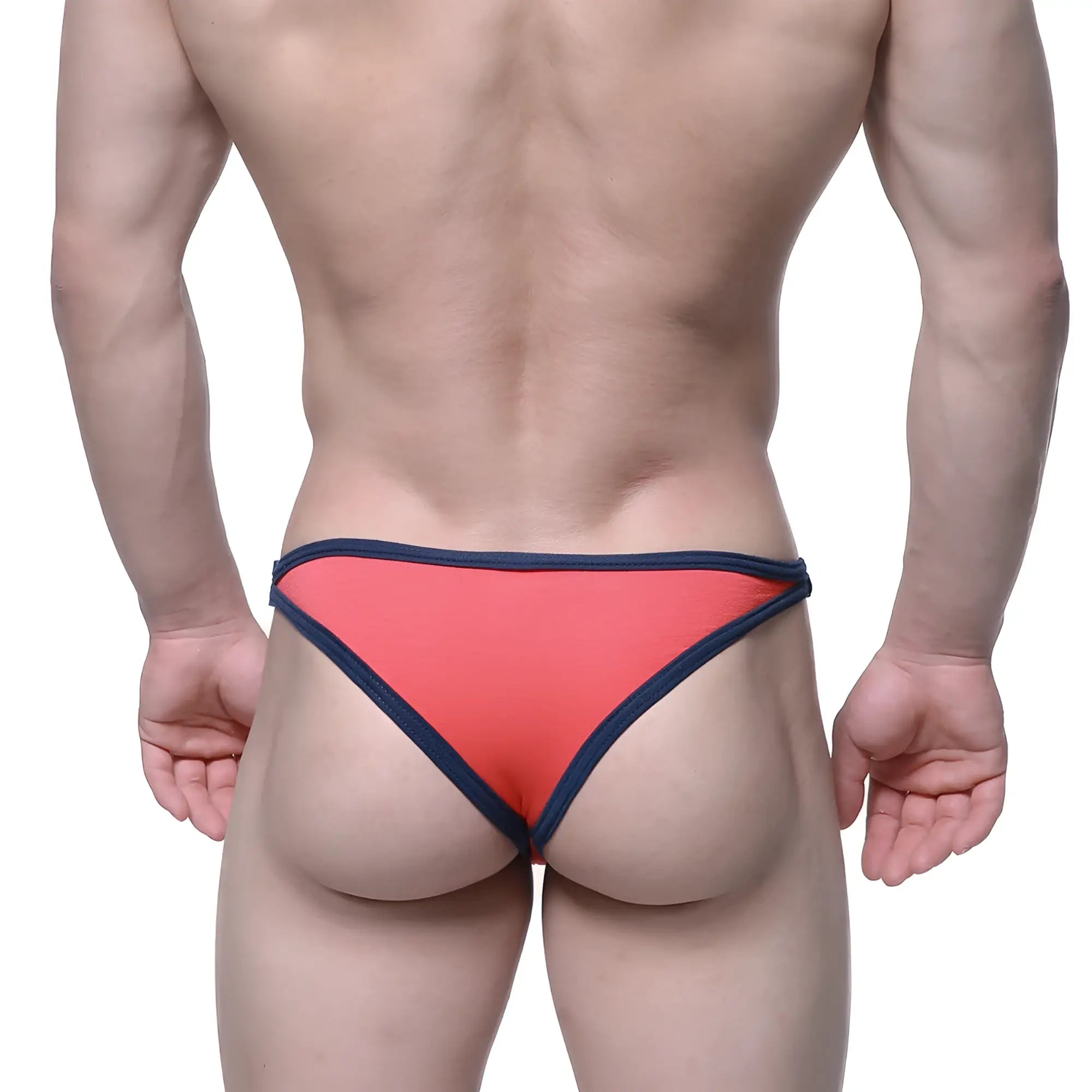 Coral-colored briefs with navy blue trim from metromalewear infinto bikini 6017-14 designed for comfort and style