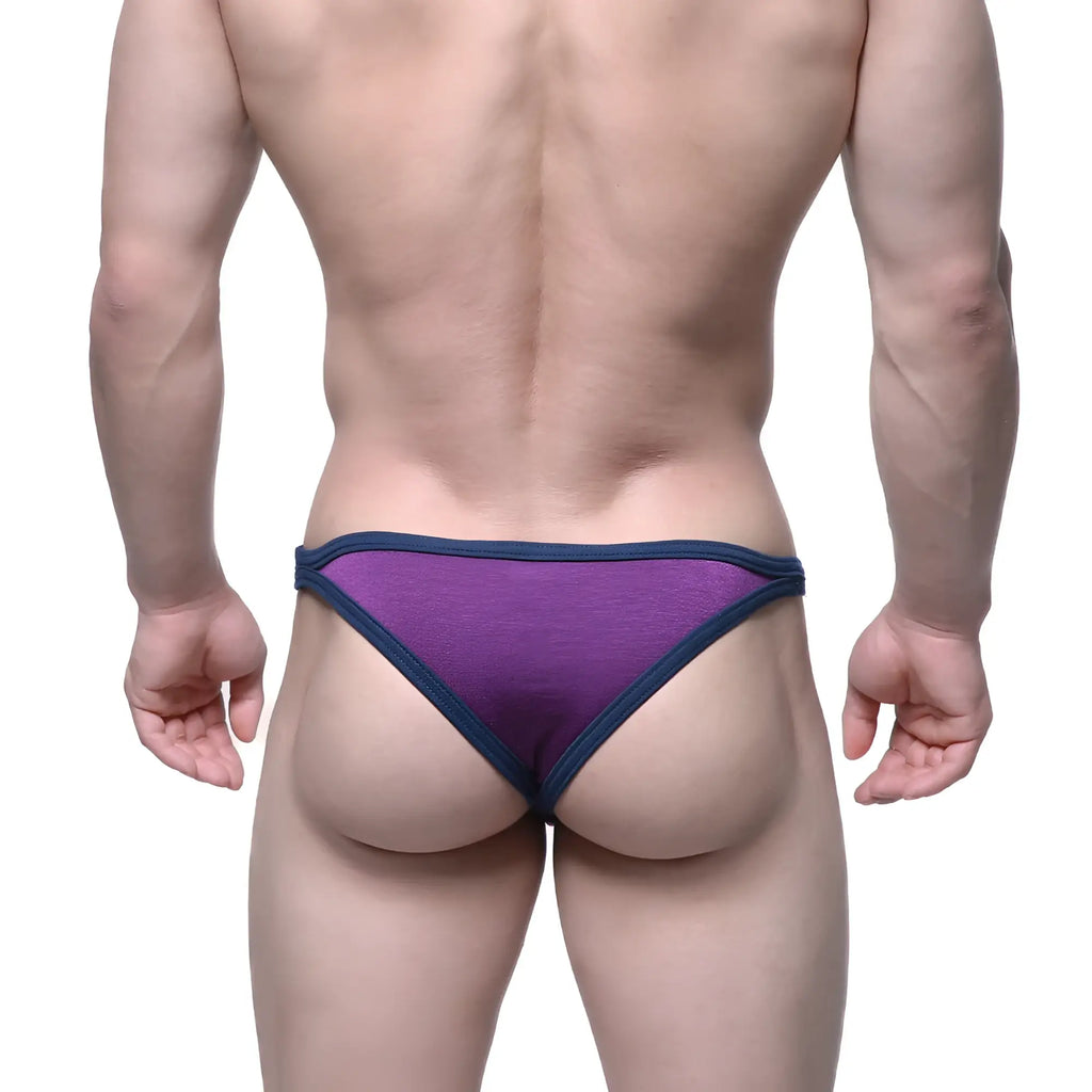 Purple and navy blue metroMalewear infinito bikini briefs featuring a snug form-fitting design for comfortable wear