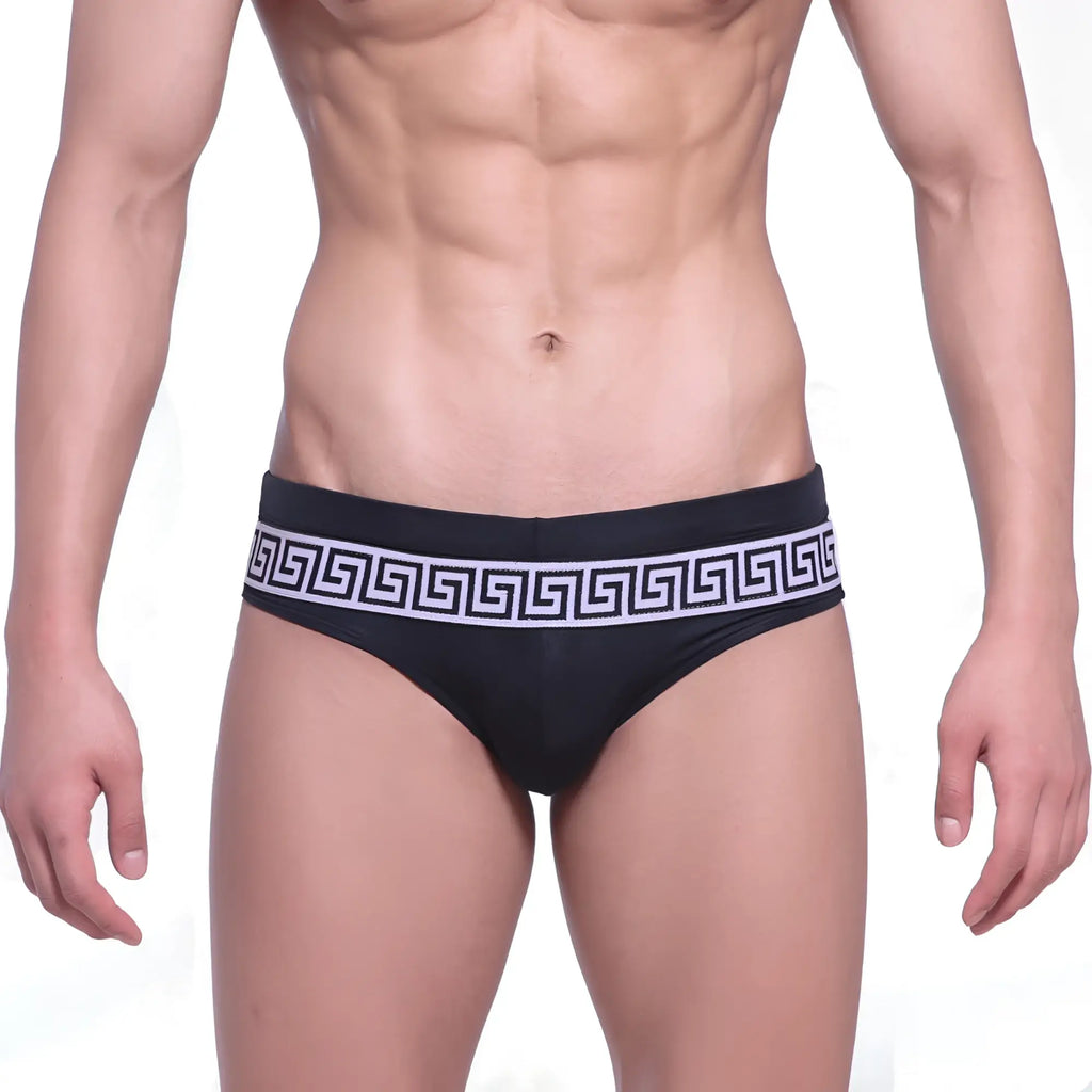 MetroMaleWear intenso swim brief black with bold white Greek key pattern waistband designed for swimming and beachwear