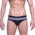 MetroMaleWear intenso swim brief black with bold white Greek key pattern waistband designed for swimming and beachwear