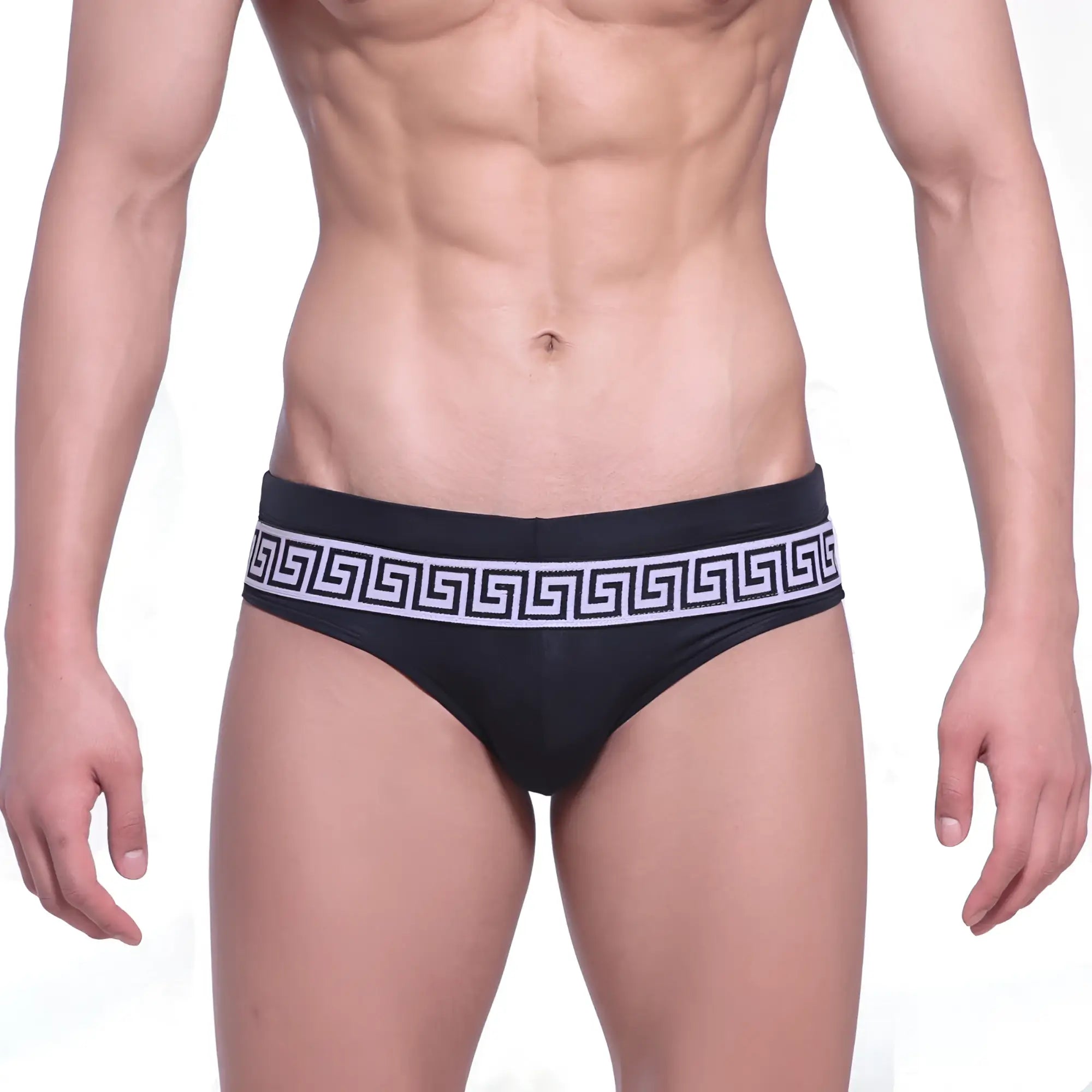 MetroMaleWear intenso swim brief black with bold white Greek key pattern waistband designed for swimming and beachwear