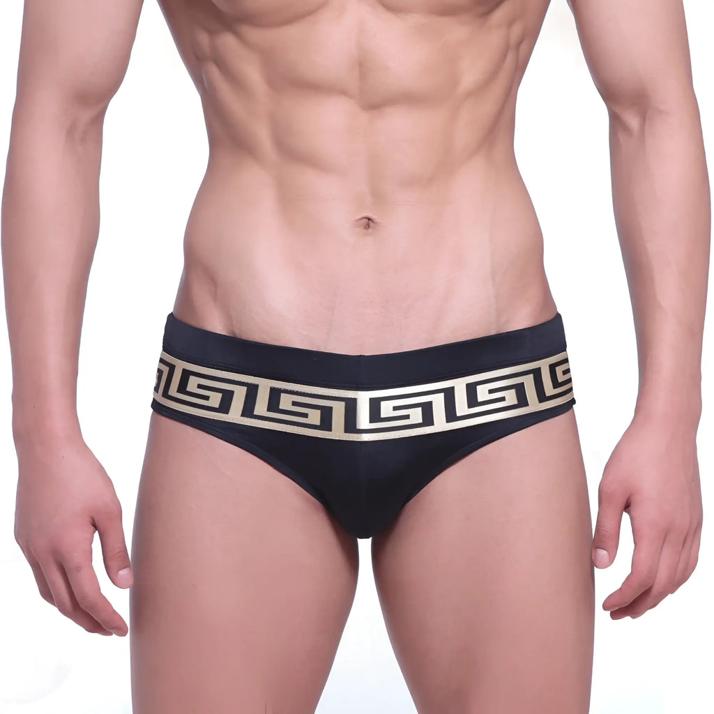 MetroMaleWear intenso swim brief black with gold greek key pattern on waistband in sleek swimwear design