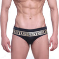 MetroMaleWear intenso swim brief black with gold greek key pattern on waistband in sleek swimwear design
