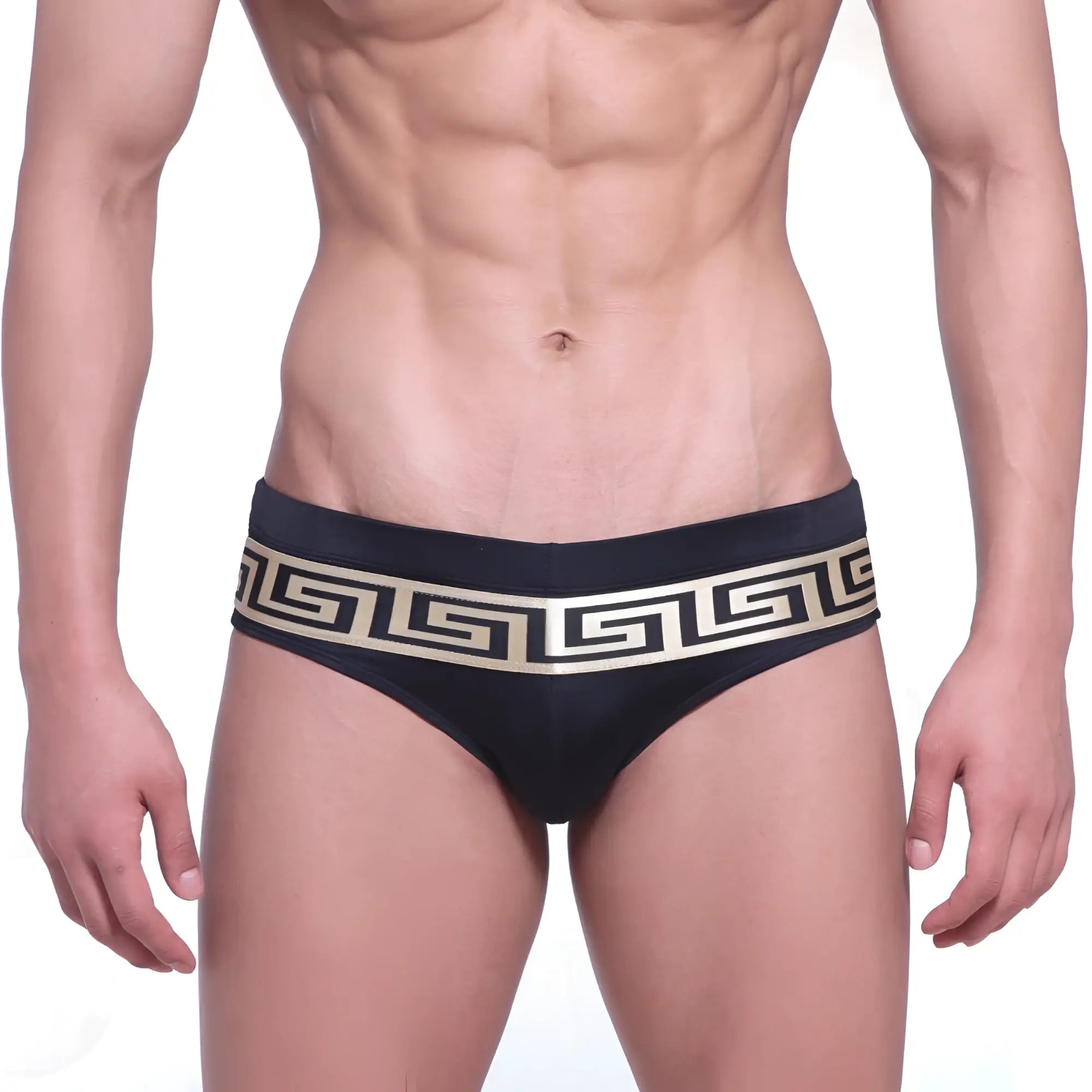 MetroMaleWear intenso swim brief black with gold greek key pattern on waistband in sleek swimwear design