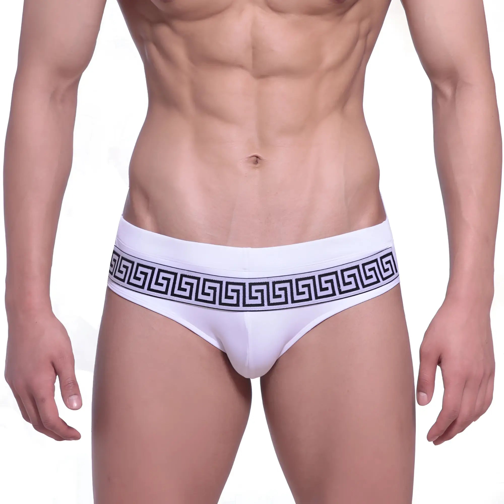 MetroMaleWear intenso swim brief white with bold black greek key pattern on waistband for men