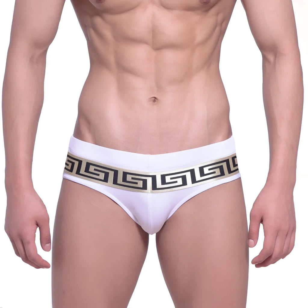 White briefs with bold black and gold greek key patterned waistband from MetroMaleWear Intenso swim brief collection