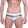 White briefs with bold black and gold greek key patterned waistband from MetroMaleWear Intenso swim brief collection