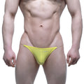 Bright yellow form-fitting thong with subtle new logo front metroMalewear invisible bikini 3704-15
