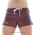Metro male wear iron sports short coffee 4703-23 maroon shiny swim trunks with white drawstring and orange logo