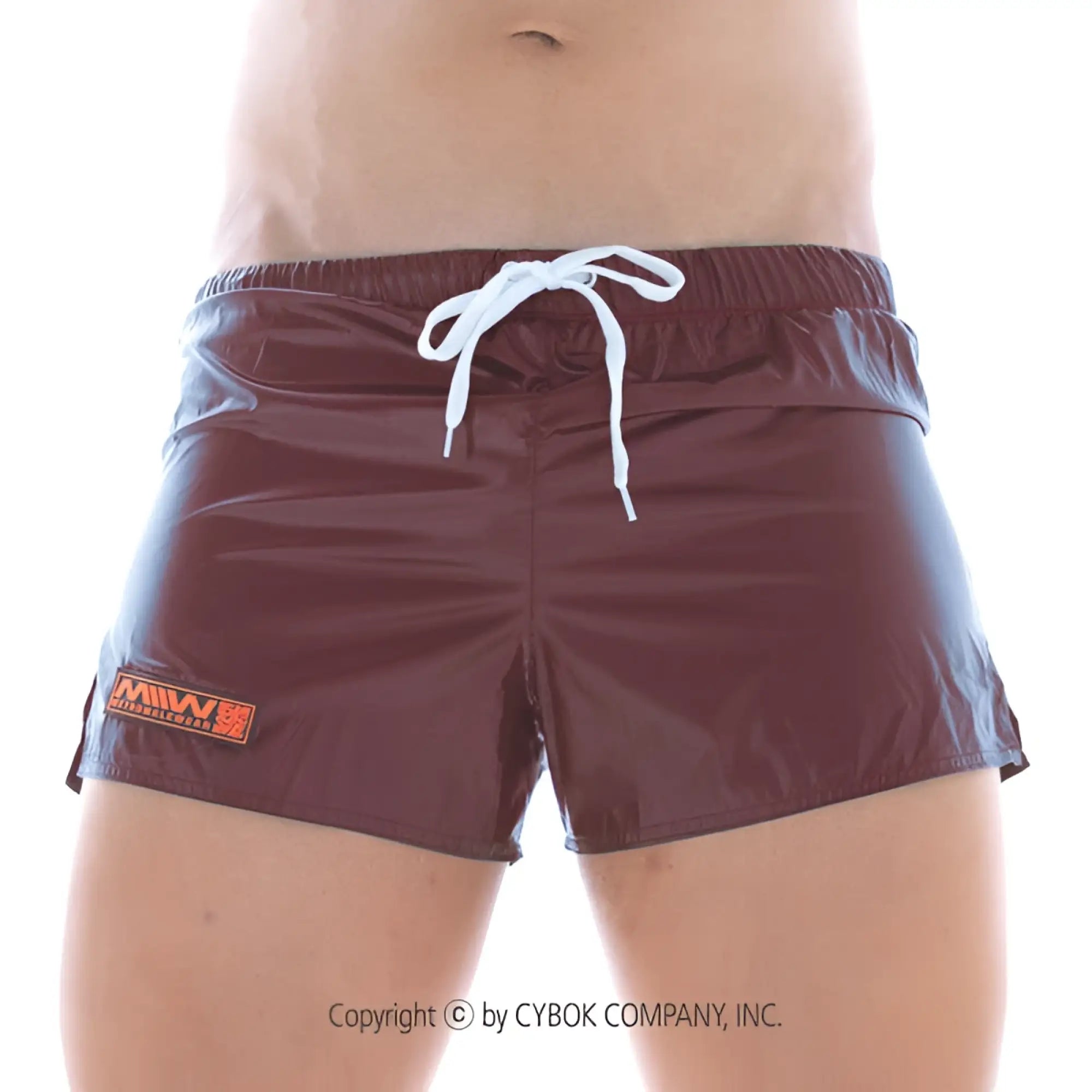 Metro male wear iron sports short coffee 4703-23 maroon shiny swim trunks with white drawstring and orange logo