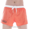MetroMalewear iron sports short orange with white drawstring waistband and black logo patch on left leg for active wear