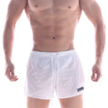 MetroMaleWear iron sports short white 4703-00 lightweight mesh swim trunks with drawstring waistband and black logo patch