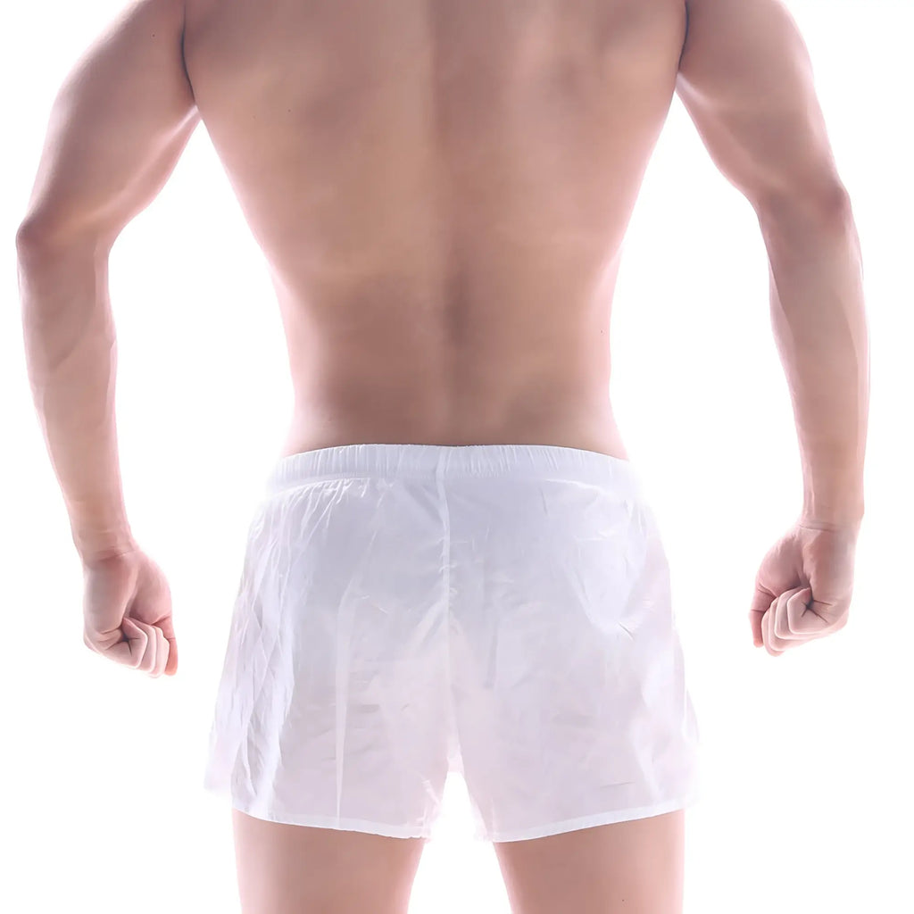 White sheer mesh swim trunks with elastic waistband from metromalewear iron sports short 4703-00