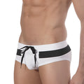 White MetroMaleWear Isla swim brief with bold black waistband stripe and matching black drawstring for swimwear use