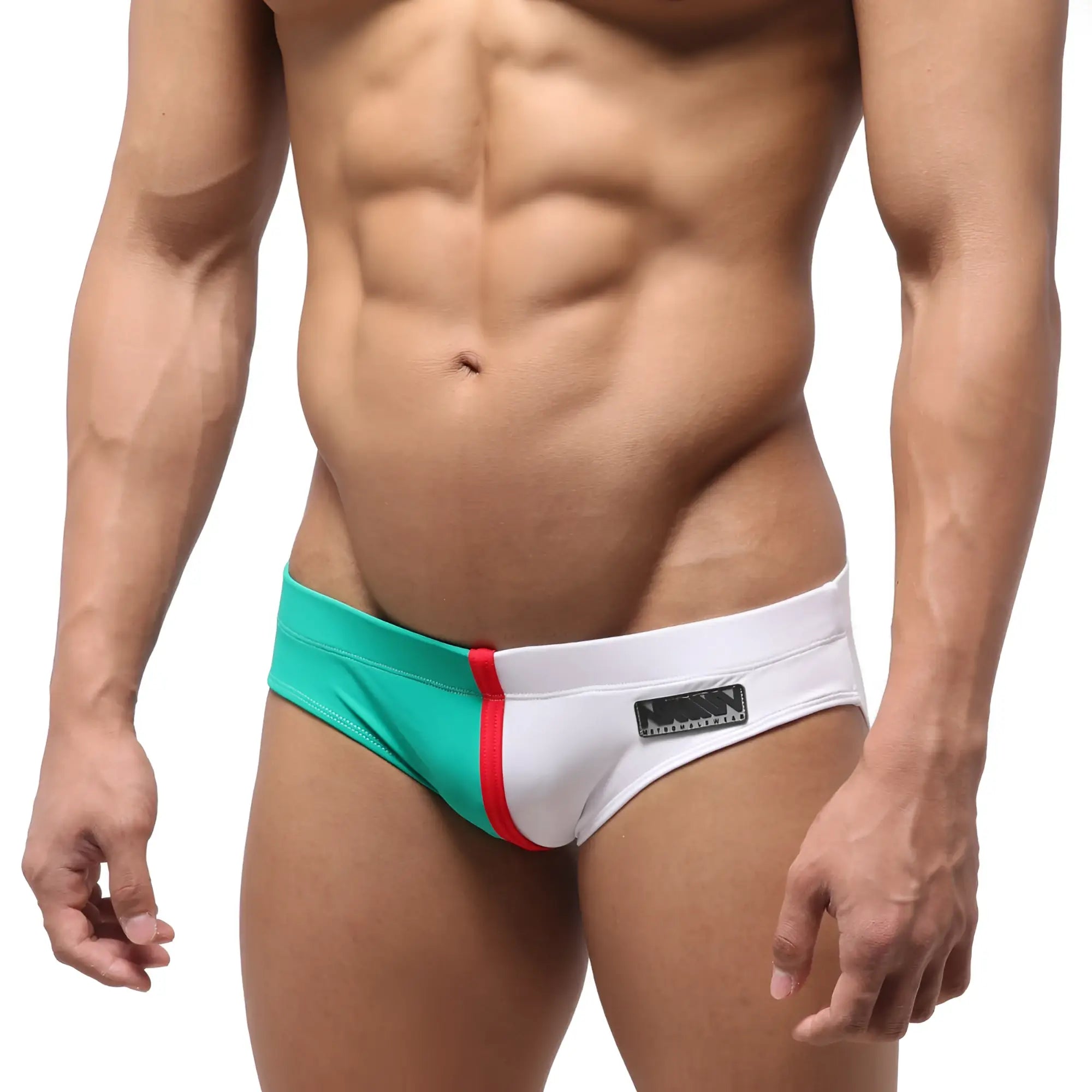 MetroMaleWear Italian swim bikini 4922-07 white and teal trunks with red stripe detail perfect for summer beachwear