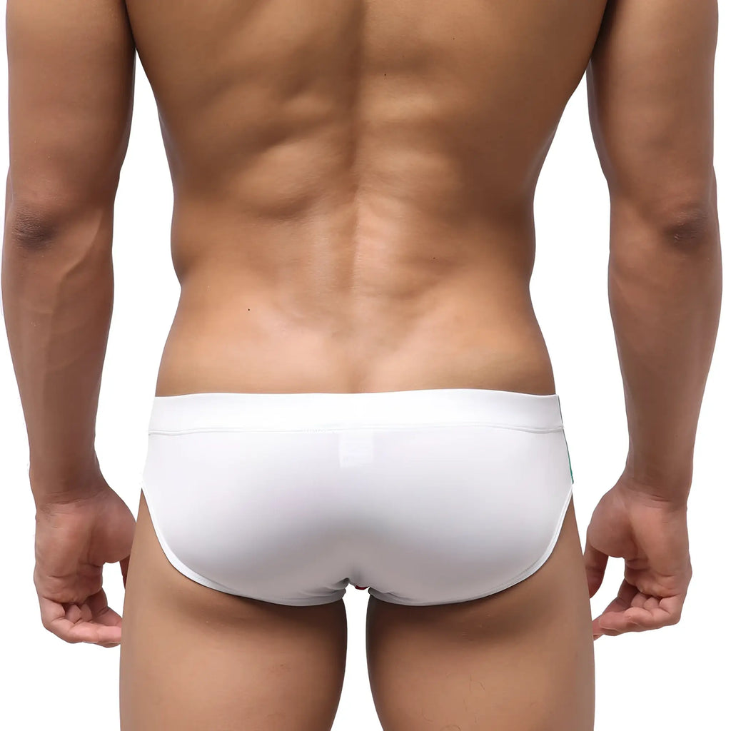 White form-fitting seamless swim trunks from MetroMaleWear Italian Swim Bikini 4922-07 designed for beachwear