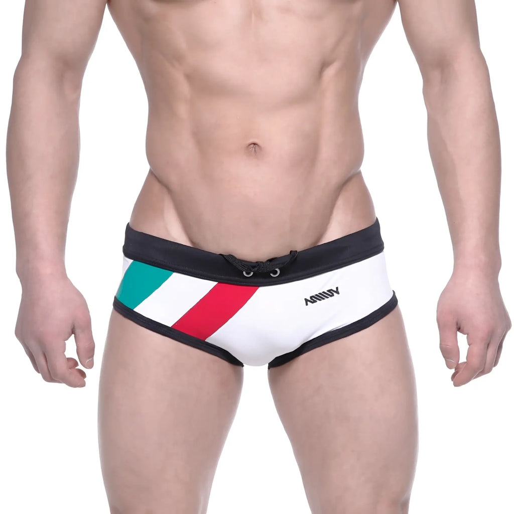 White swim trunks with black trim and diagonal green white and red stripes metroMalewear italy flag swim briefs 4960-40