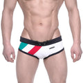 White swim trunks with black trim and diagonal green white and red stripes metroMalewear italy flag swim briefs 4960-40