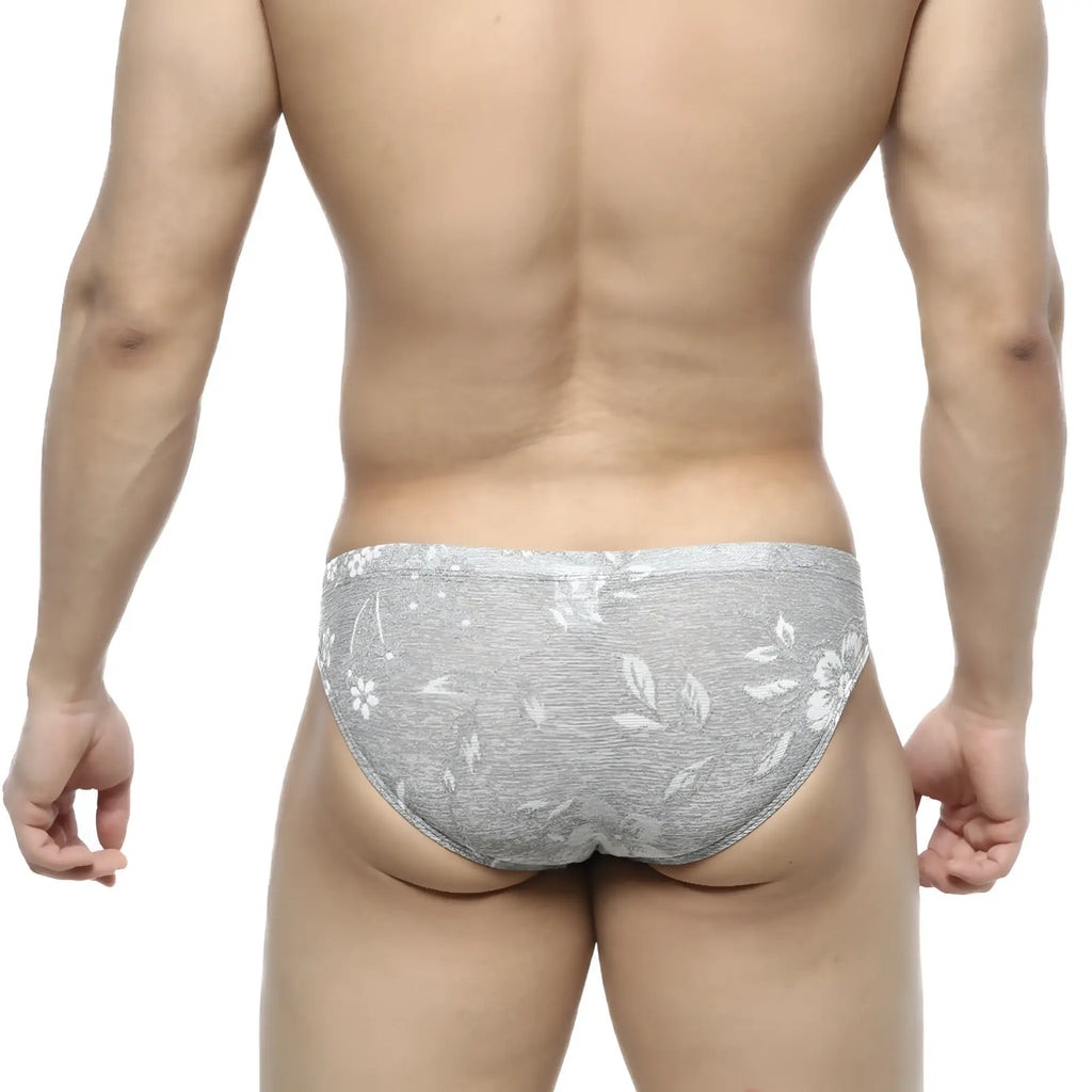 Metro male wear jacquard bikini briefs in gray with floral pattern and subtle textured fabric for comfortable wear