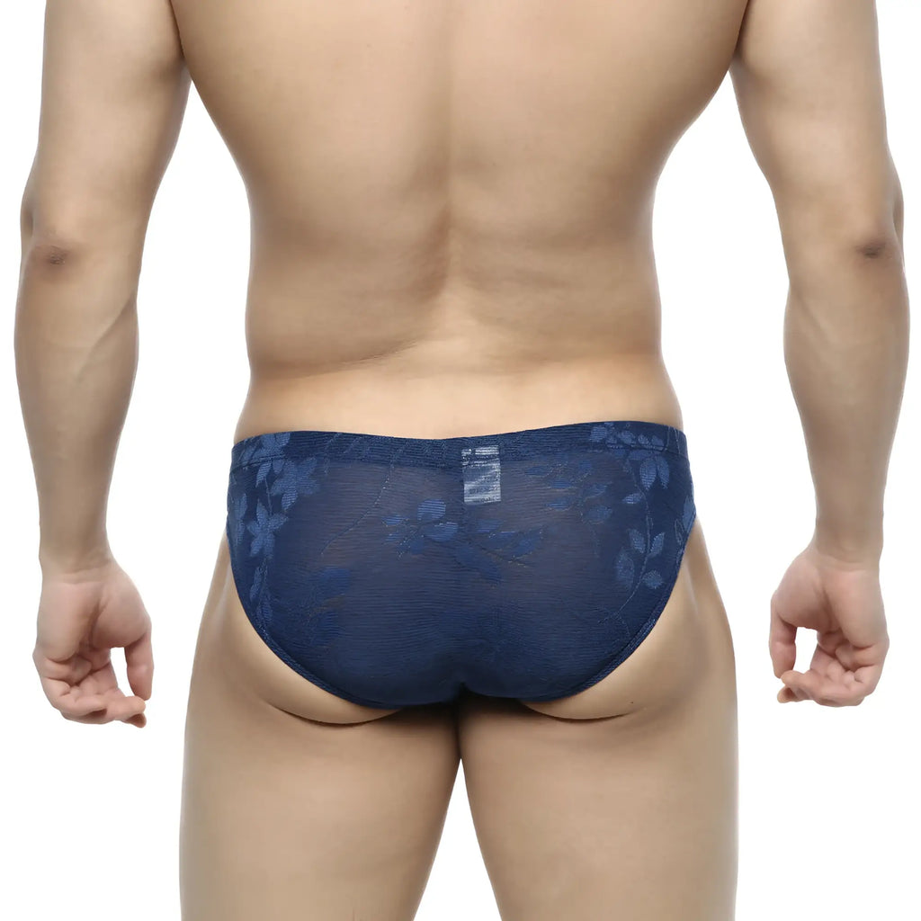 Navymalewear jacquard bikini royal 5103-16 sheer navy blue lace briefs with floral pattern front view