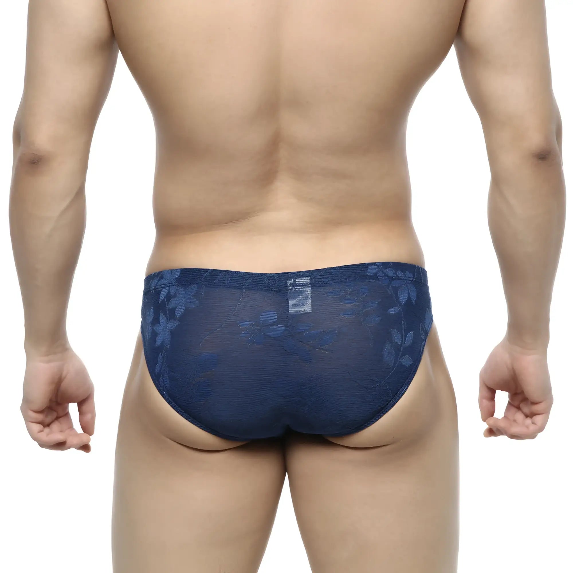 Navymalewear jacquard bikini royal 5103-16 sheer navy blue lace briefs with floral pattern front view