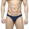 Navy blue textured Jacquard bikini briefs for men with a small black logo on the waistband by MetroMaleWear