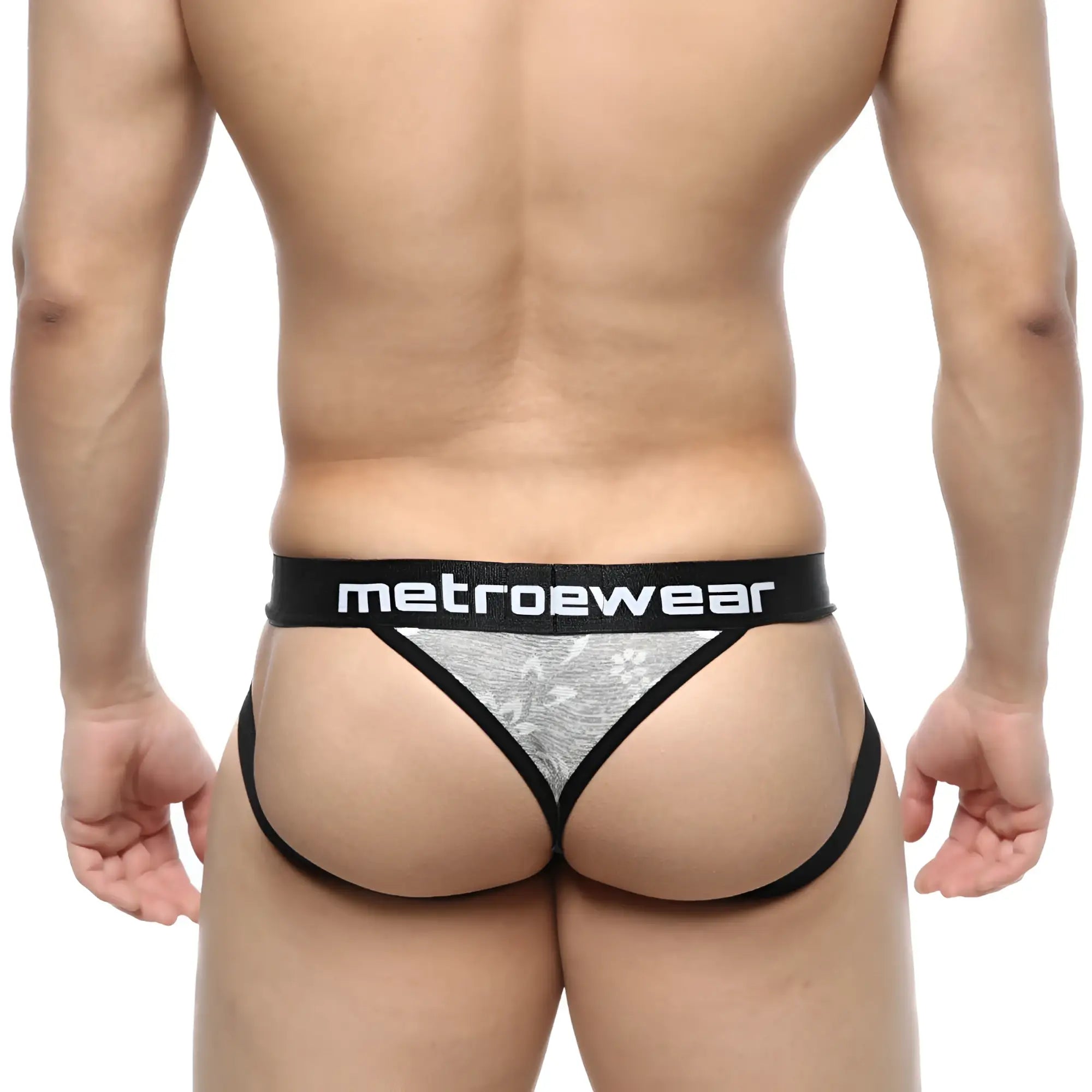 Black and silver jacquard thong with metroewear branding on waistband from metro malewear gray 2901-07 collection