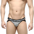 Gray patterned mens briefs with black elastic waistband featuring metromalewear branding jacquard jockstraps gray 2901-07