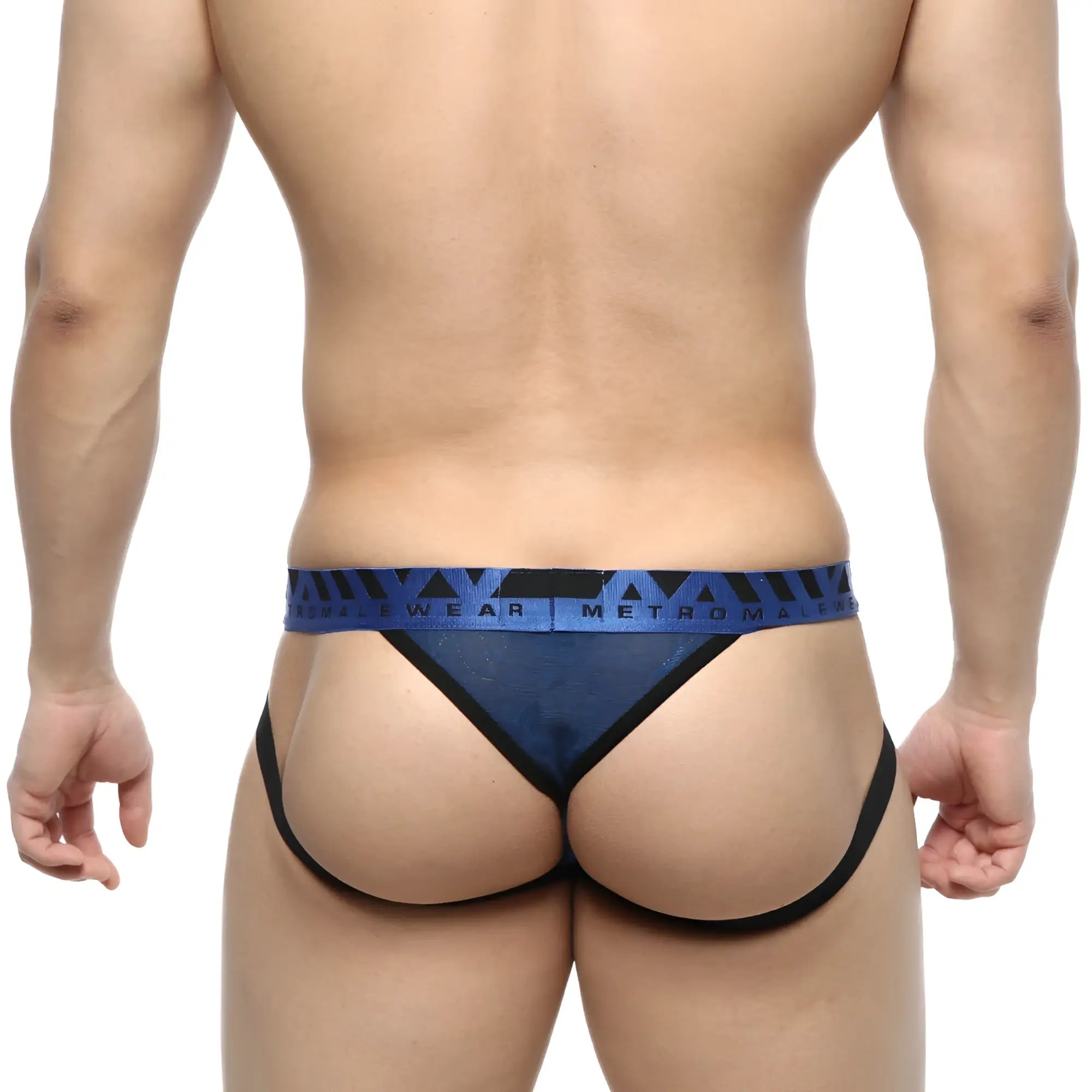 Blue and black patterned jacquard thong with branded waistband from metroMalewear royal 2901-18 collection