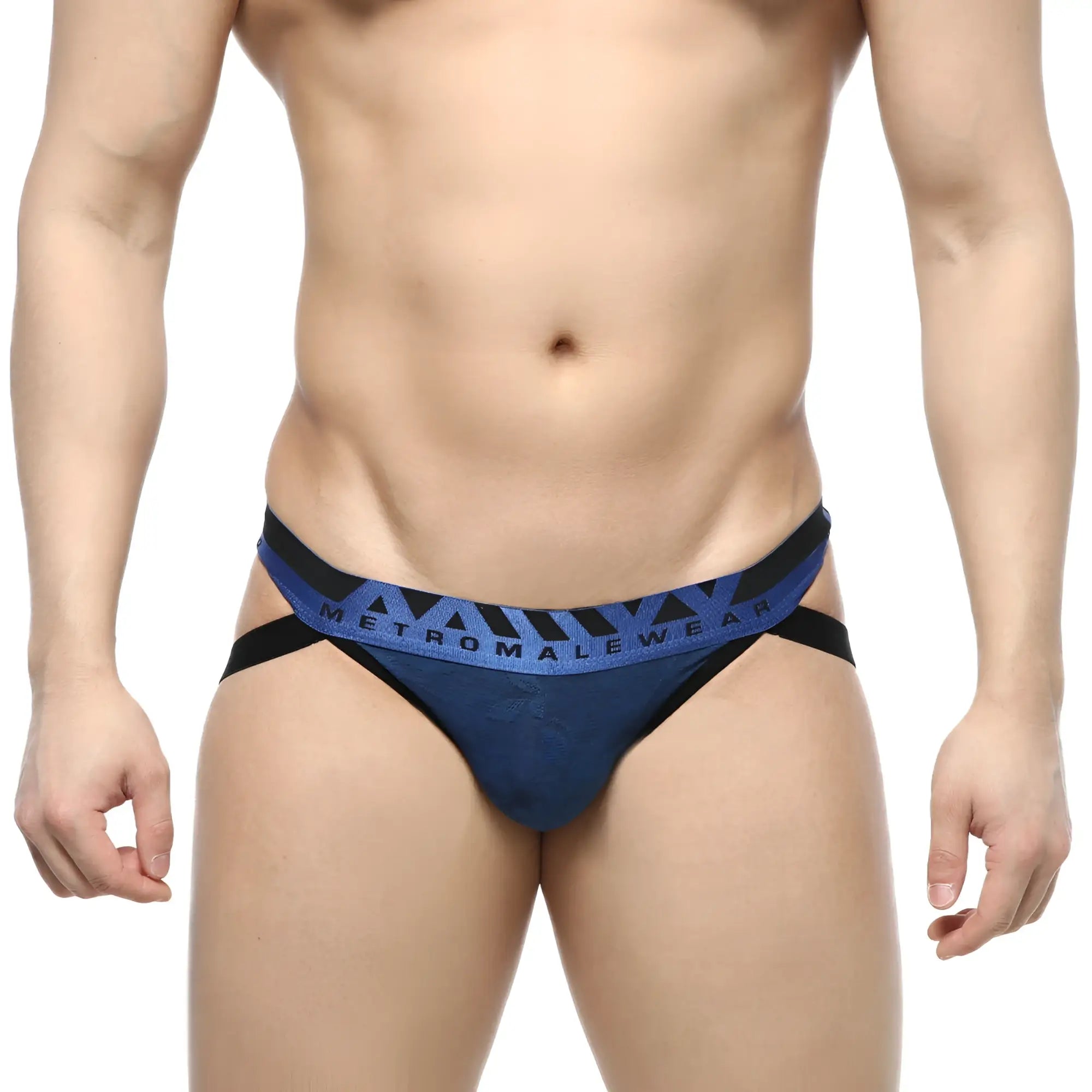 Blue and black metromalewear jacquard jockstraps briefs with patterned waistband royal 2901-18 front view