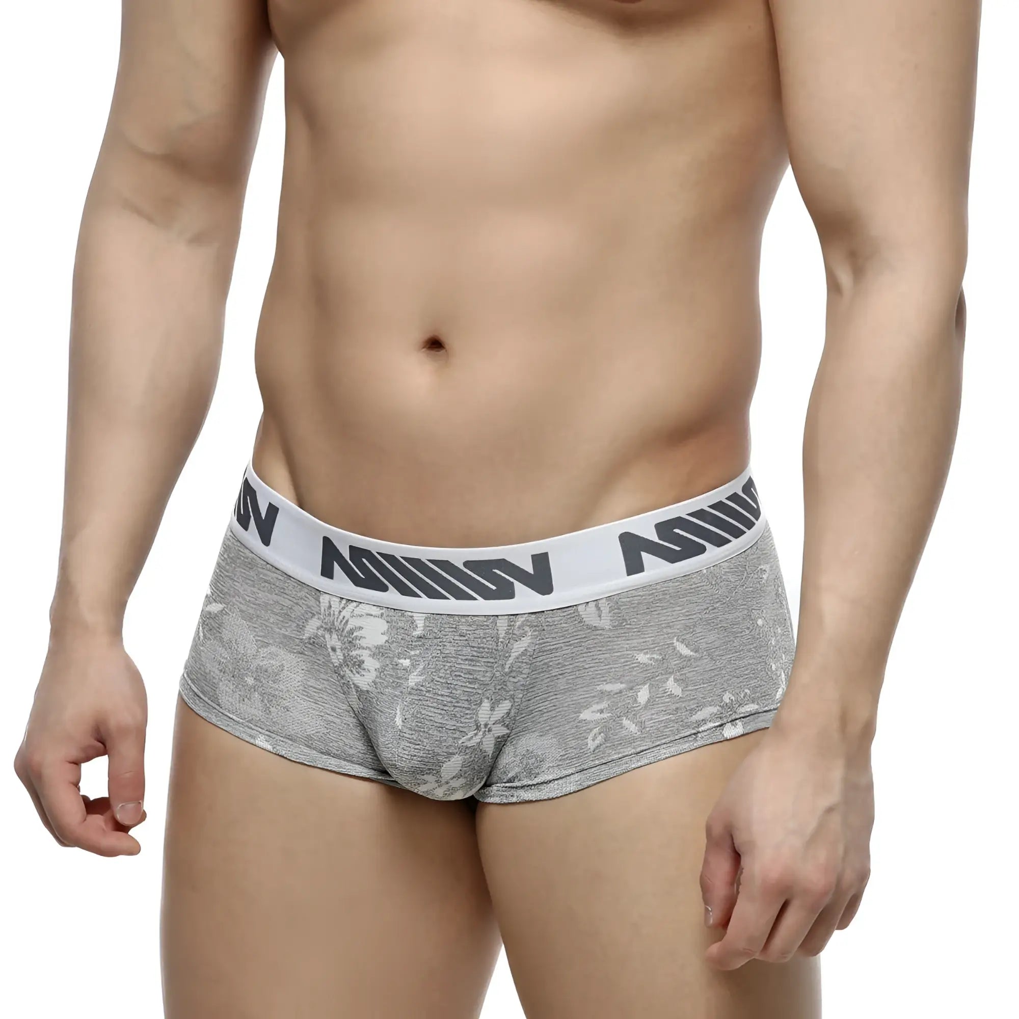 Gray jacquard floral-patterned briefs with white elastic waistband and black nomin lettering metro male wear 2026-11