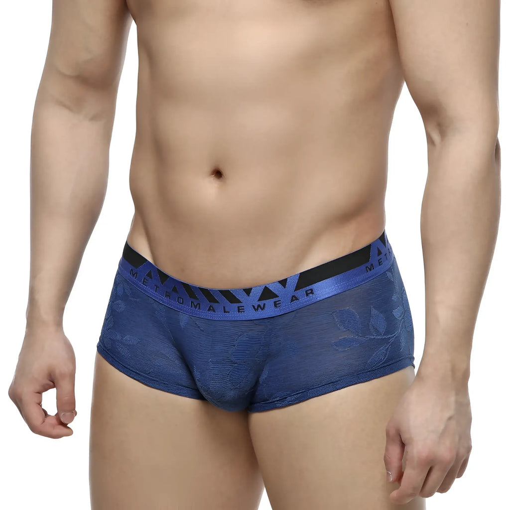 Blue patterned jacquard men’s briefs with black and blue elastic waistband featuring m.e.t branding