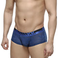 Blue patterned jacquard men’s briefs with black and blue elastic waistband featuring m.e.t branding