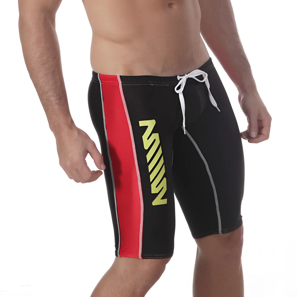 Black MetroMaleWear jammer swim boxer with bold red side stripe neon yellow z logo and white drawstring waistband