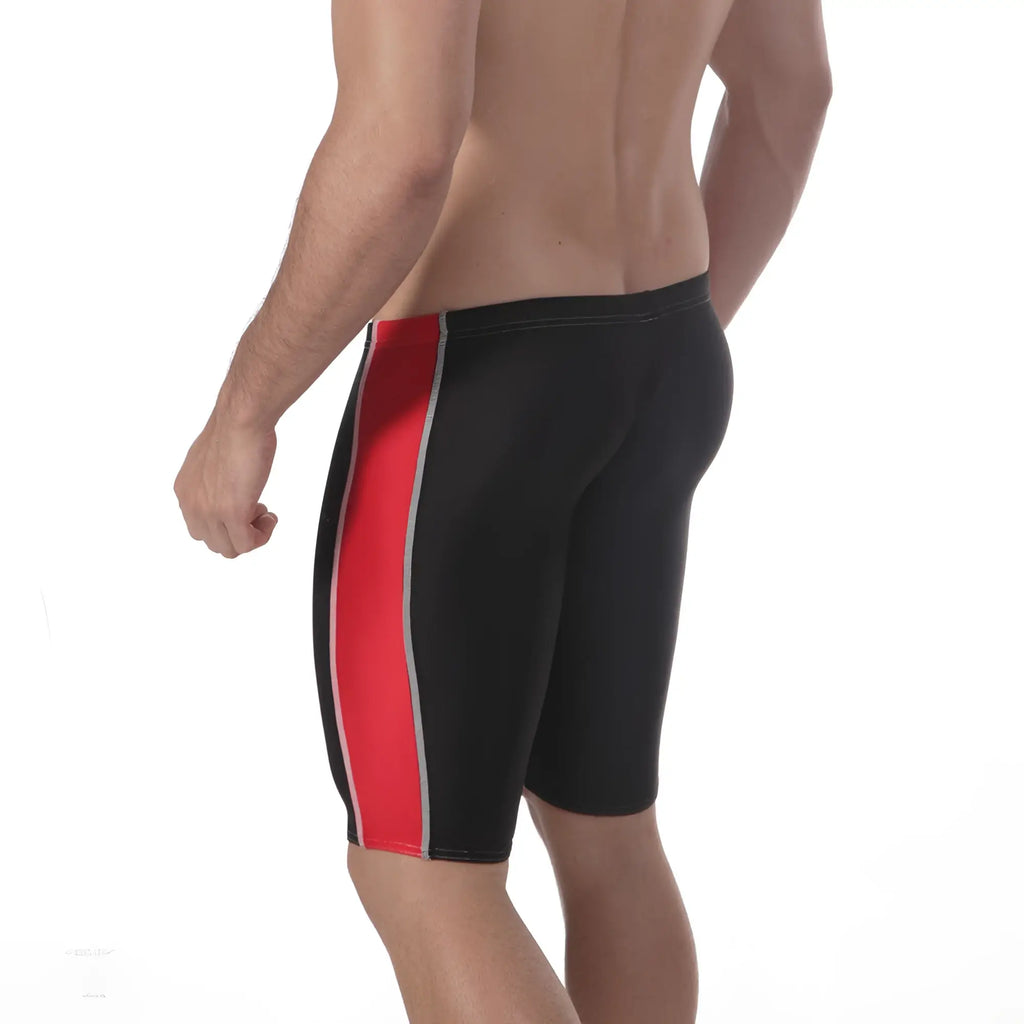 MetroMaleWear jammer swim boxer black with bold red vertical stripe and silver trim for swimming and beachwear