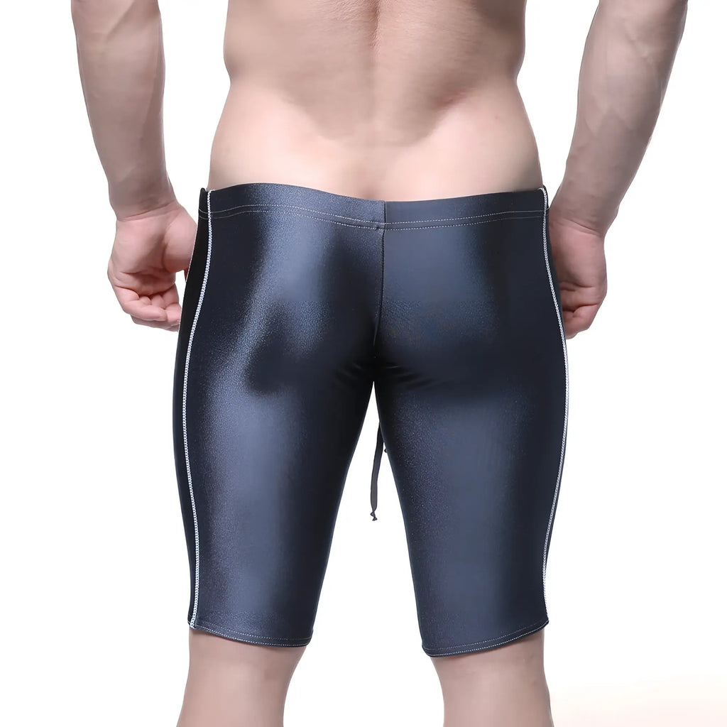 MetroMaleWear Jammer swim boxer in charcoal black with white side stitching and a shiny finish for swimming
