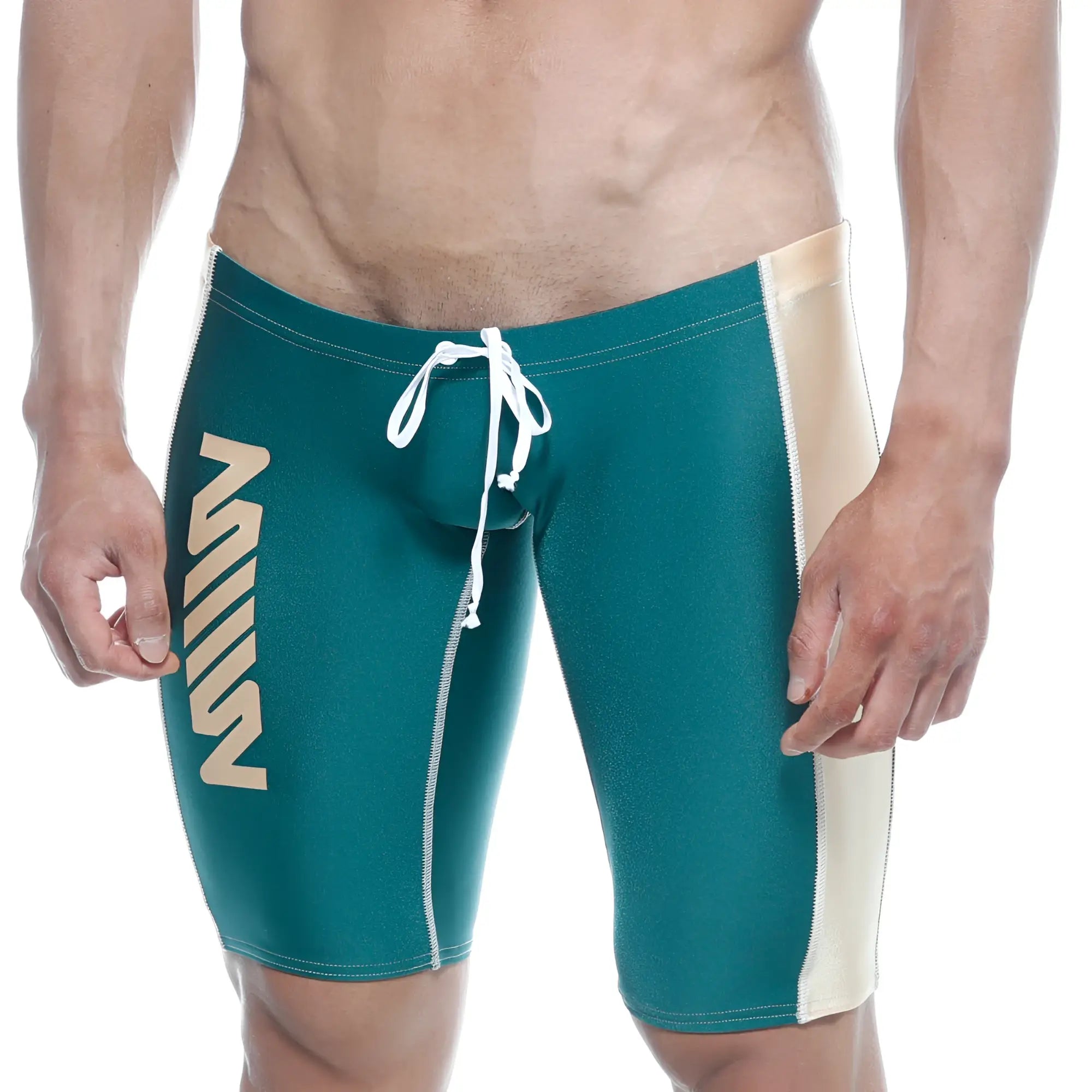 MetroMalewear jammer swim boxer green 4904-07 teal and cream swim trunks with white drawstring and side branding