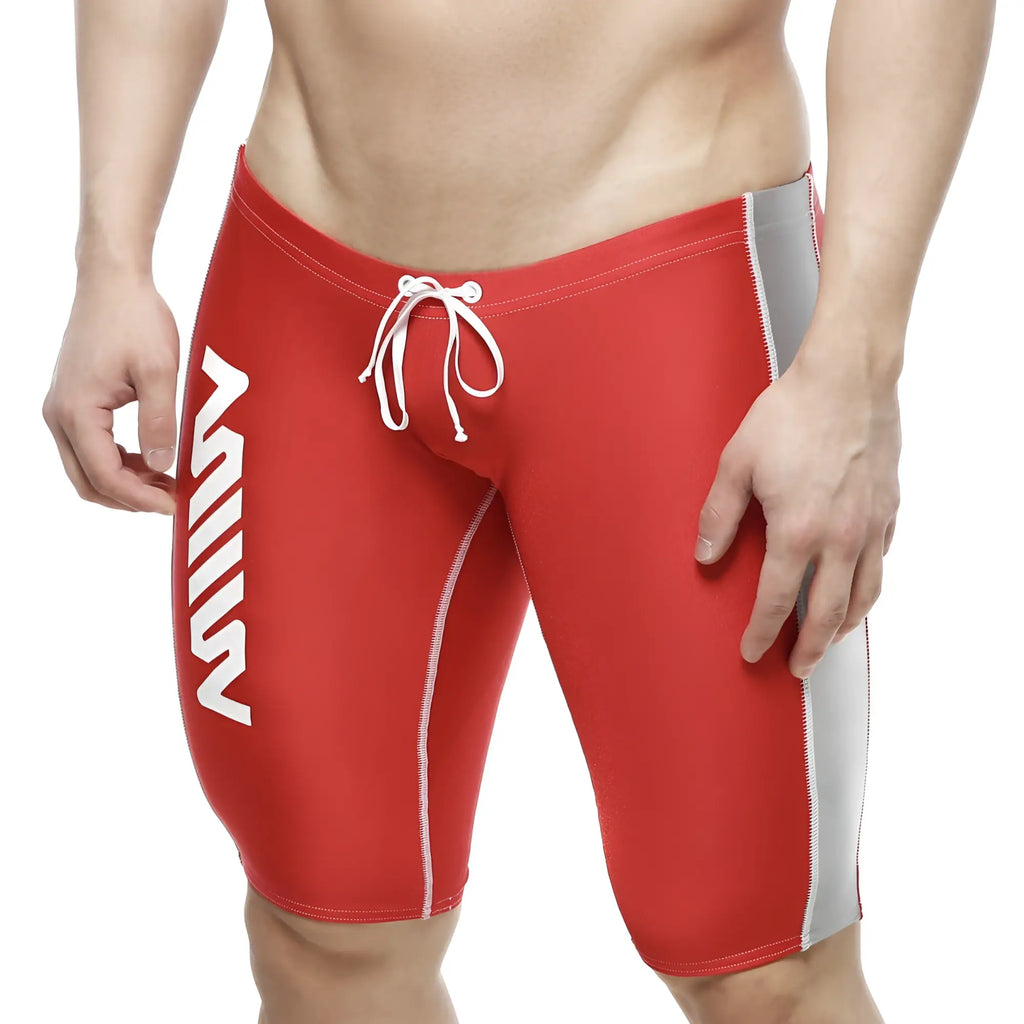 Red MetroMaleWear Jammer swim boxer featuring white side stripes and a gray outer thigh panel in men’s swimwear