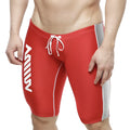 Red MetroMaleWear Jammer swim boxer featuring white side stripes and a gray outer thigh panel in men’s swimwear