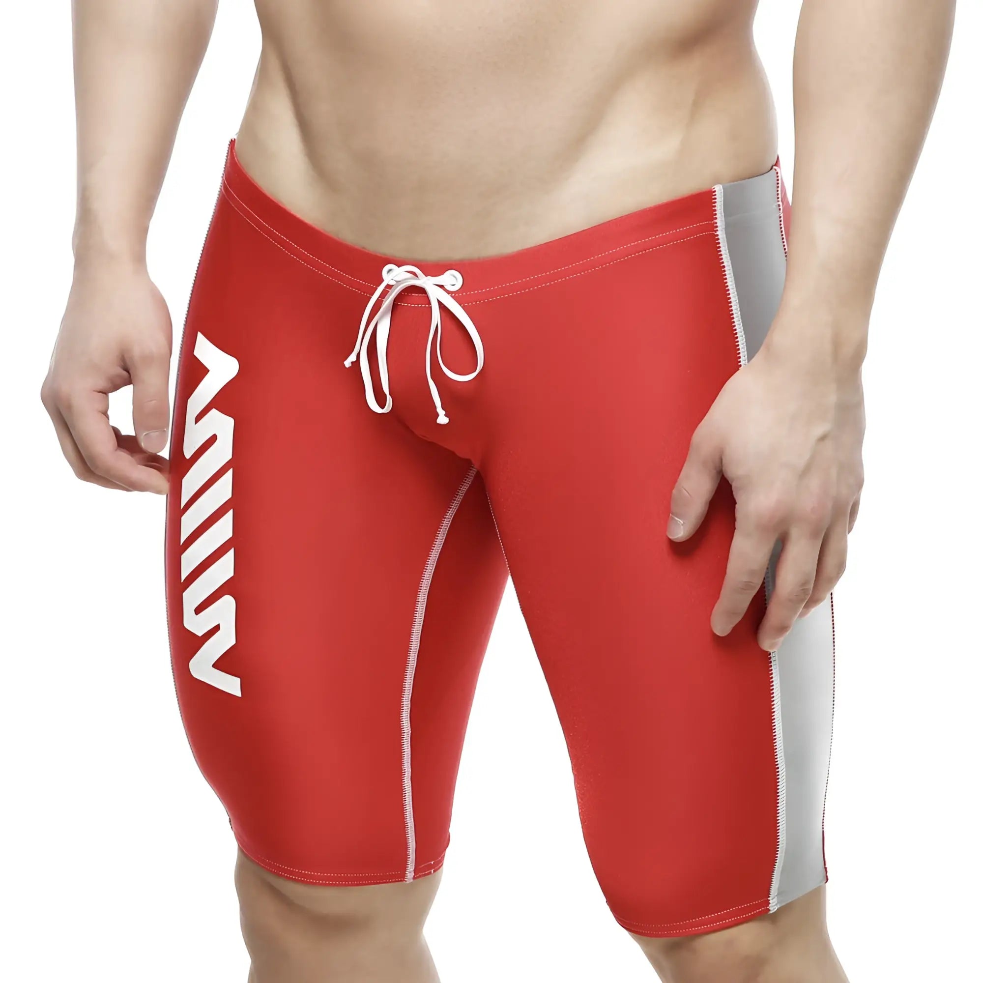 Red MetroMaleWear Jammer swim boxer featuring white side stripes and a gray outer thigh panel in men’s swimwear