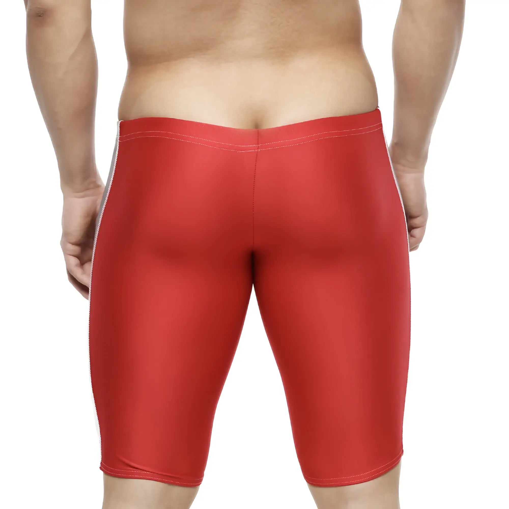 MetroMaleWear jammer swim boxer in red with sleek shiny fabric and subtle white side stripes for swimwear use