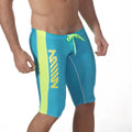 Bright blue metroMalewear jammer swim boxer with bold neon yellow vertical stripe and matching drawstring in turquoise