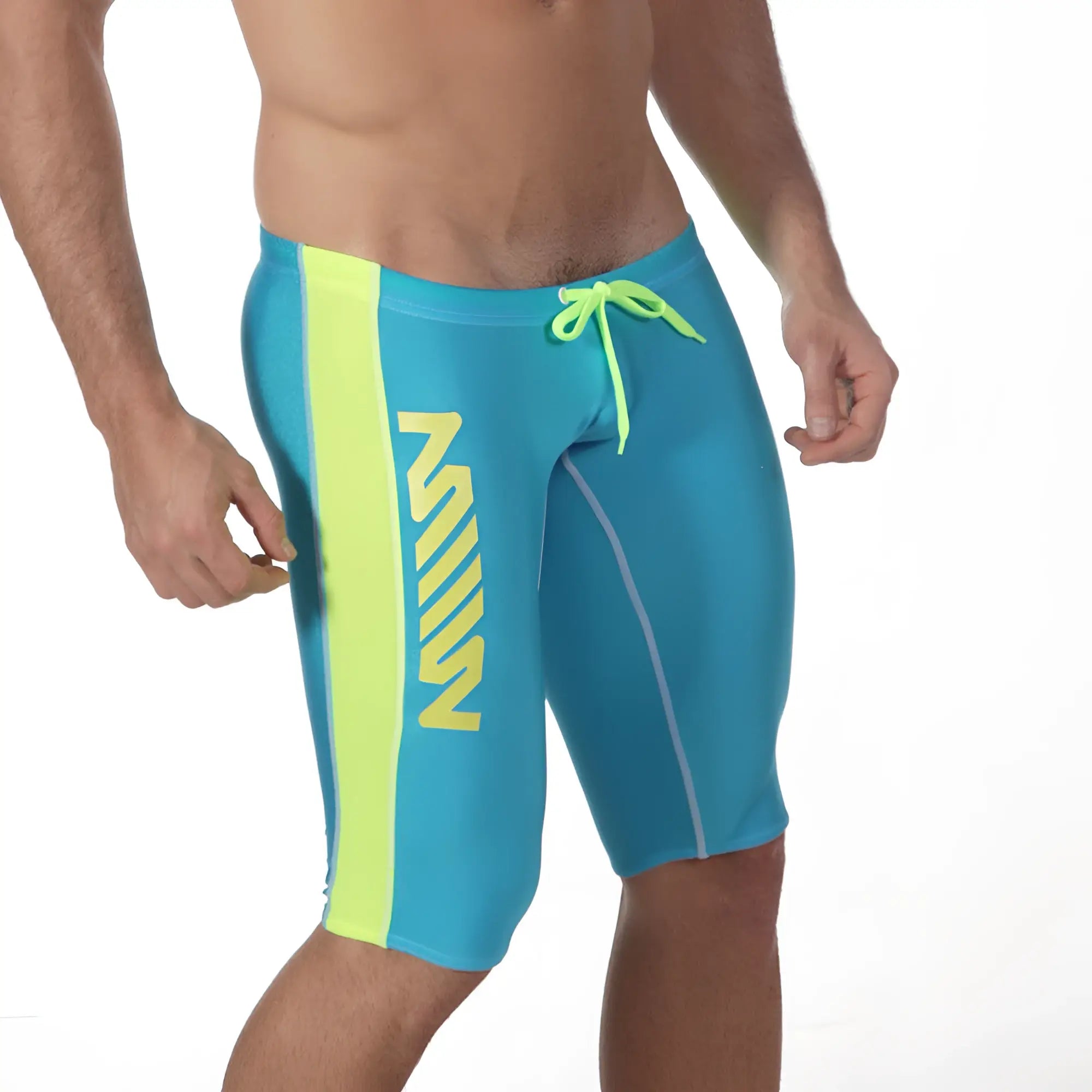 Bright blue metroMalewear jammer swim boxer with bold neon yellow vertical stripe and matching drawstring in turquoise