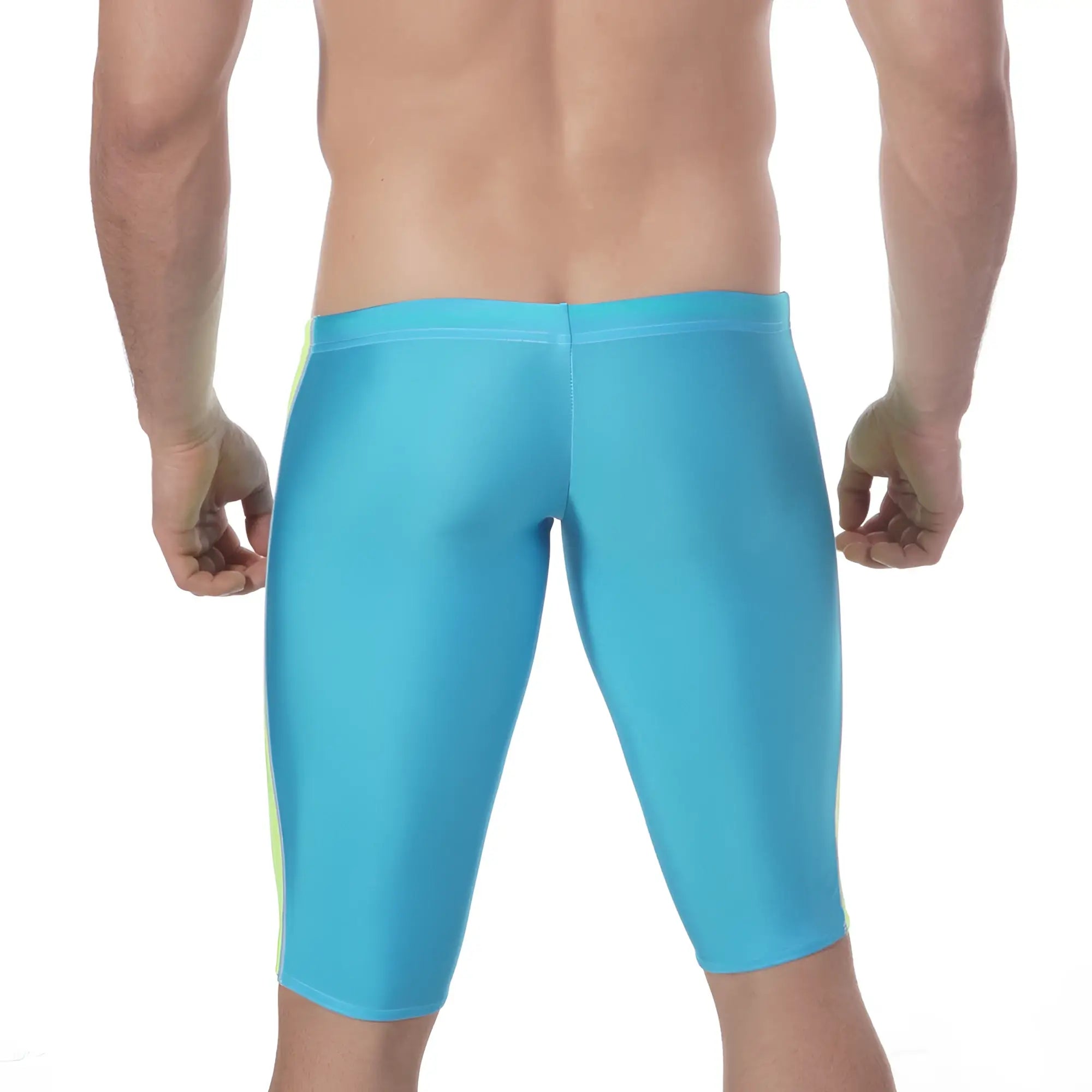 Bright turquoise metro malewear jammer swim boxer with neon yellow side stripes for swimming and water sports