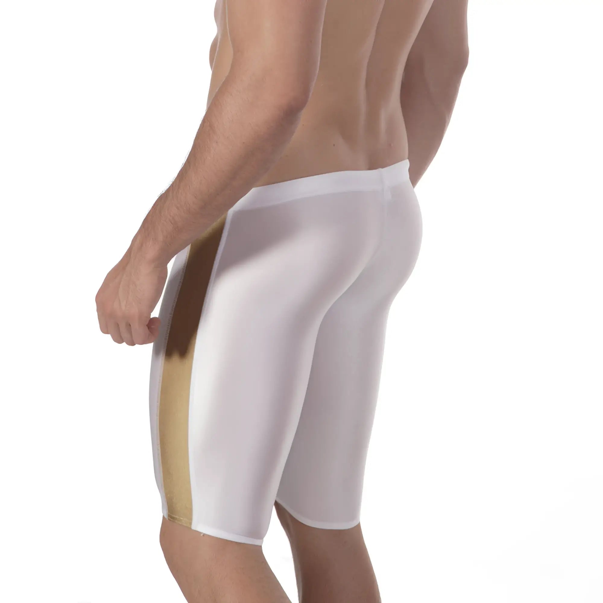 White athletic shorts metroamalewear jammer swim boxer with gold vertical stripe for active use