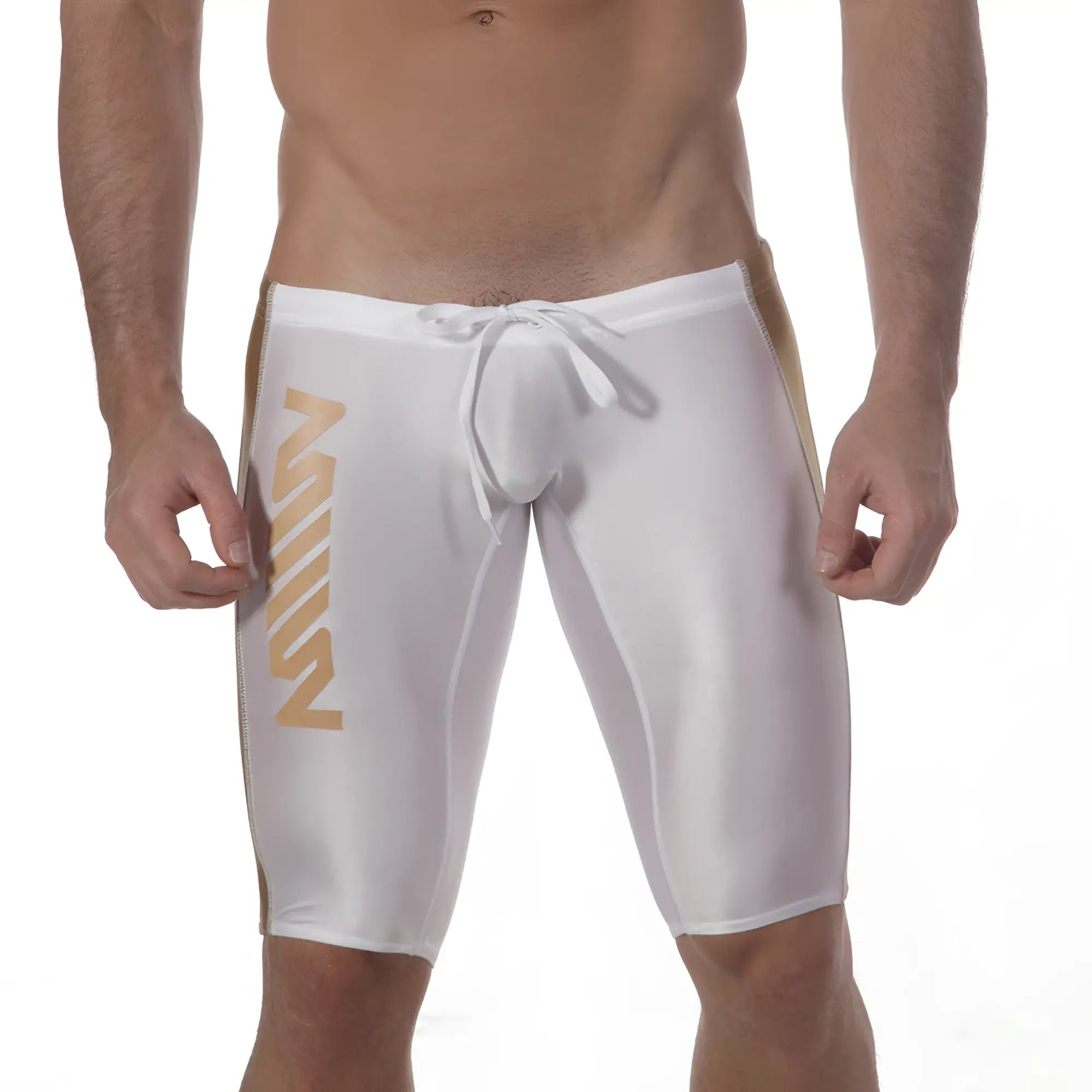 White metroMalewear jammer swim boxer with gold vertical lettering and side stripes for athletic use