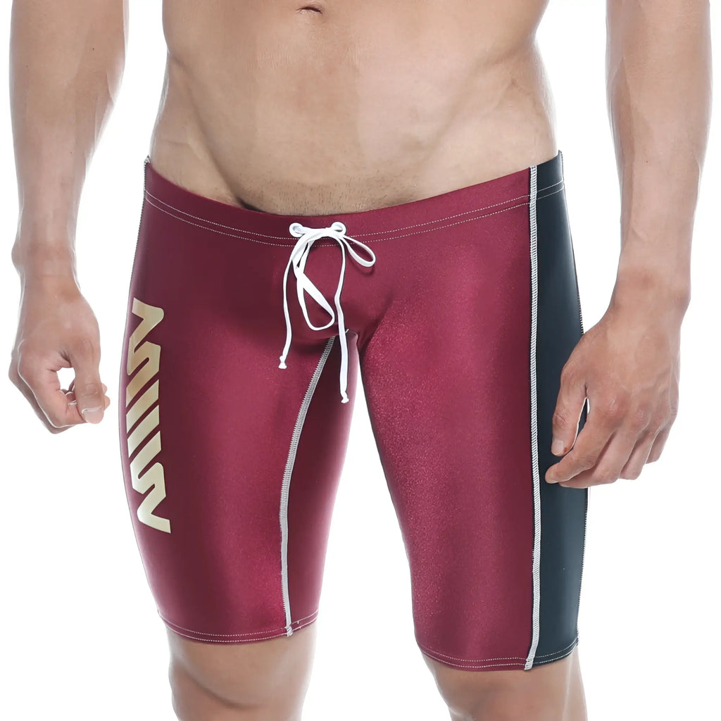 Maroon and black MetroMaleWear Jammer swim boxer with white drawstring and side stripes designed for swimming