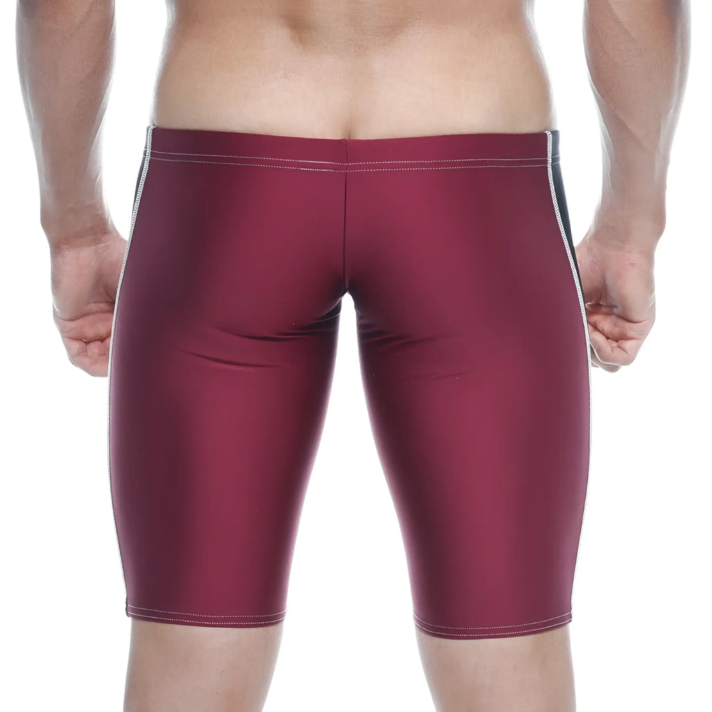 Maroon MetroMaleWear Jammer swim boxer with white and black side stripes designed for active swimming