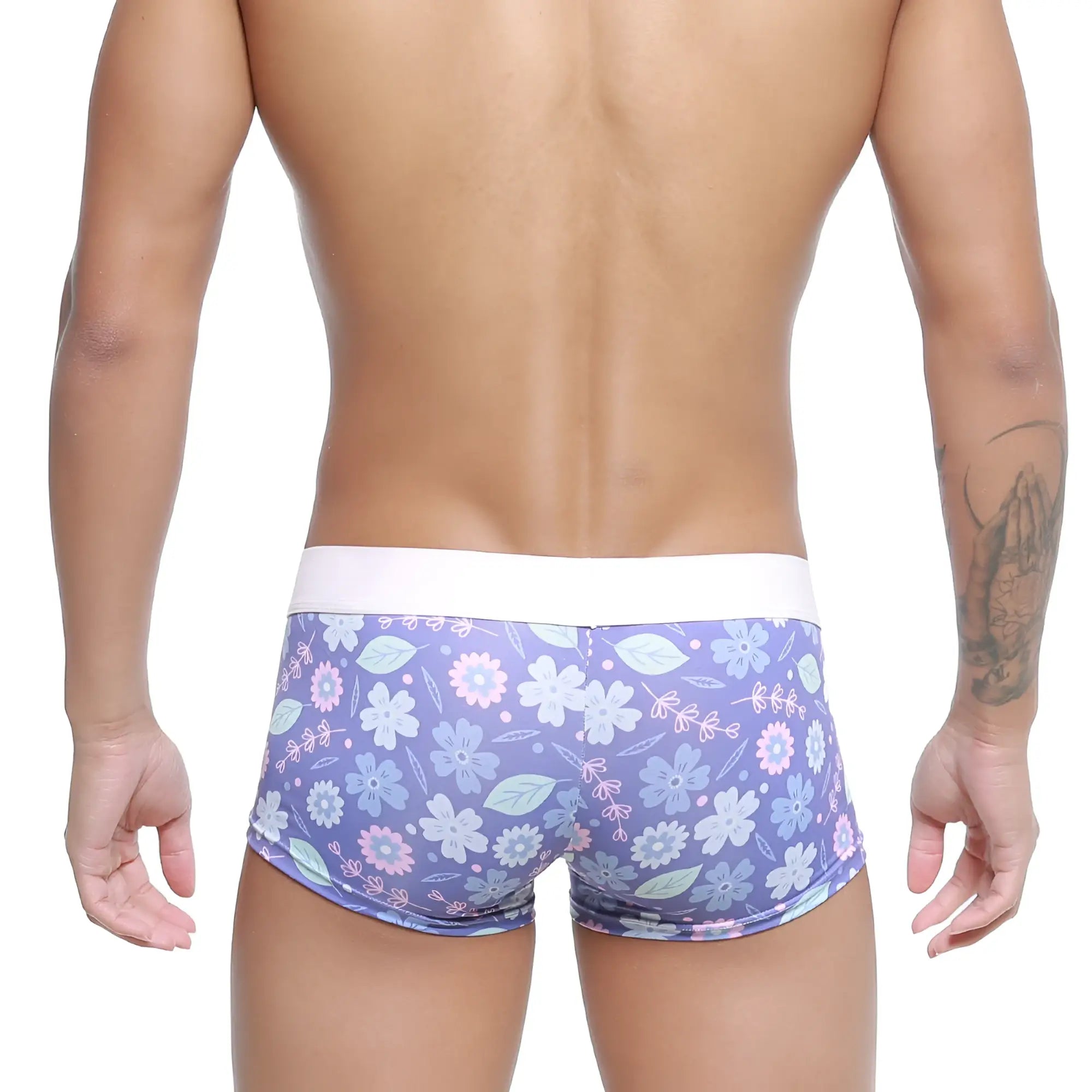 Purple floral-patterned men’s briefs with white waistband metroMalewear Jardin Trunk 2026-15 front view